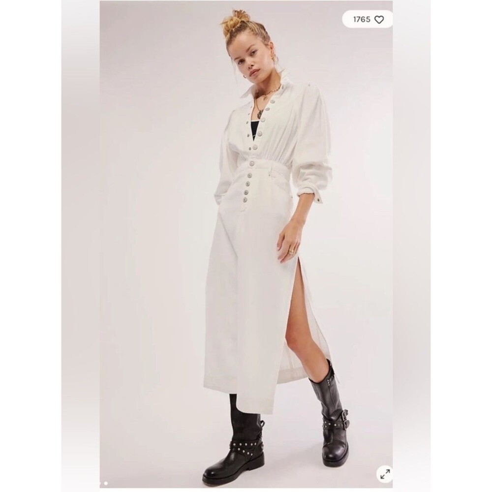 Free People Mad Love White Denim Button Front Midi Shirt Dress XS Boho Chic